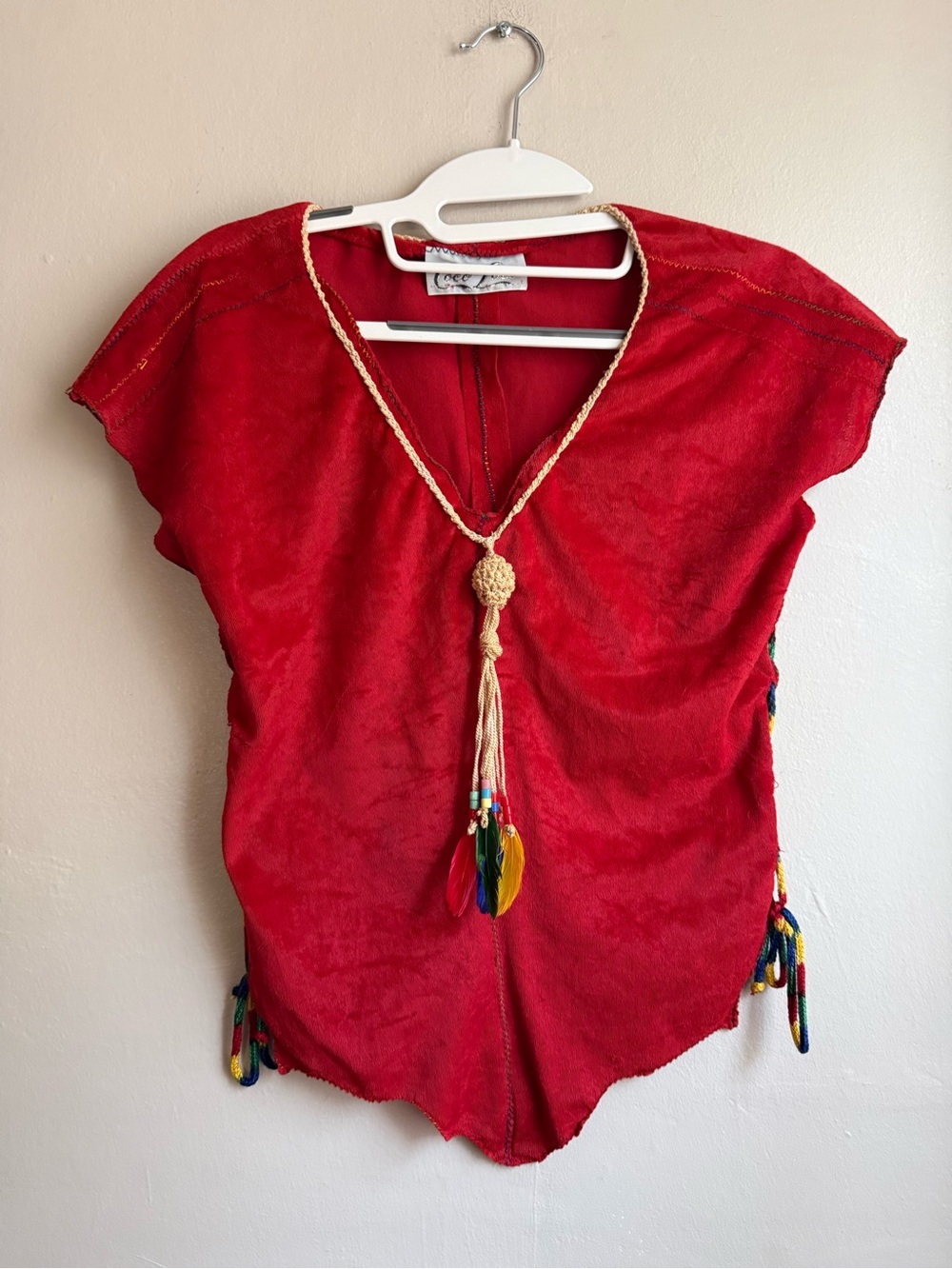 Vintage 90s Coco Loco Red Faux Suede Festival Top Feather Tassel Lace Up Boho Y2
